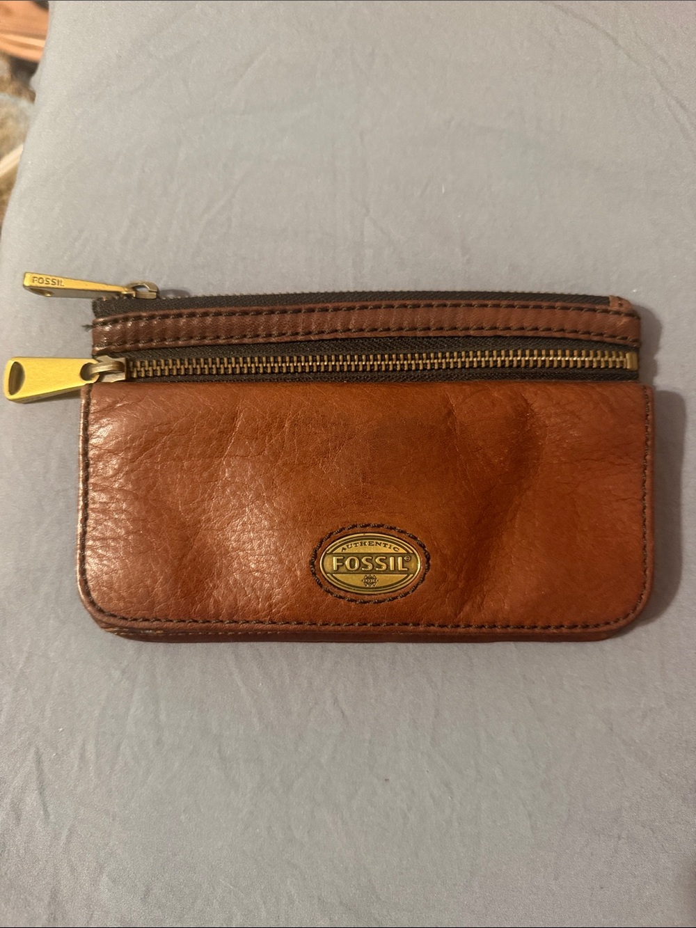 Fossil Cognac Brown Leather Zip Card Pouch with Brass Accents